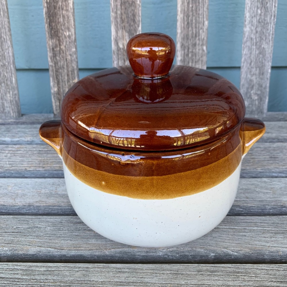 Vintage 3-Tone Stoneware Crock Bean Pot with Lid Brown Cook N Serve Farmhouse